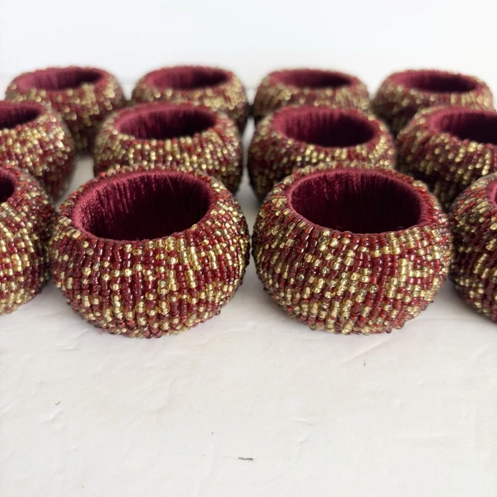Sparkling Burgundy Red Gold Seed Beaded Napkin Rings Set of 12 Holiday Christmas